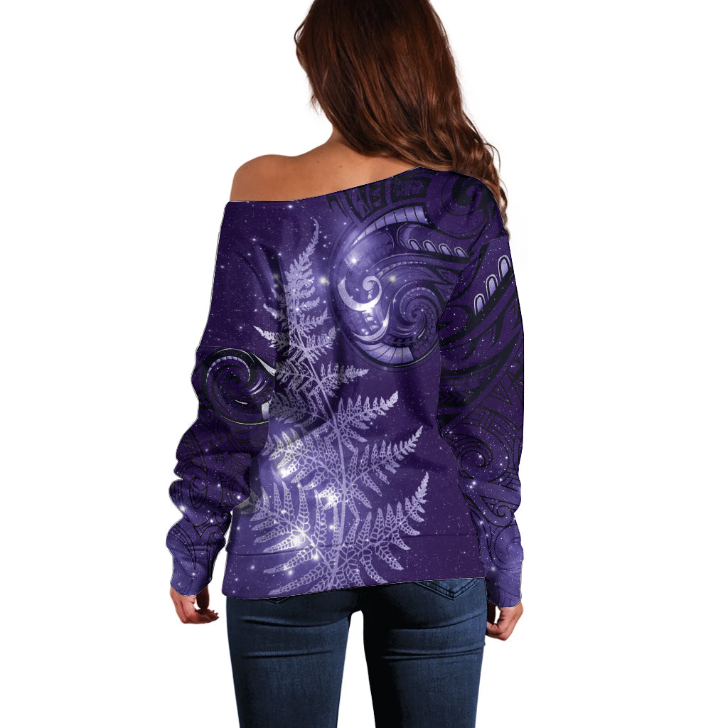 New Zealand Matariki Off Shoulder Sweater Purple Milky Way Stars Night Sky LT9 - Polynesian Pride