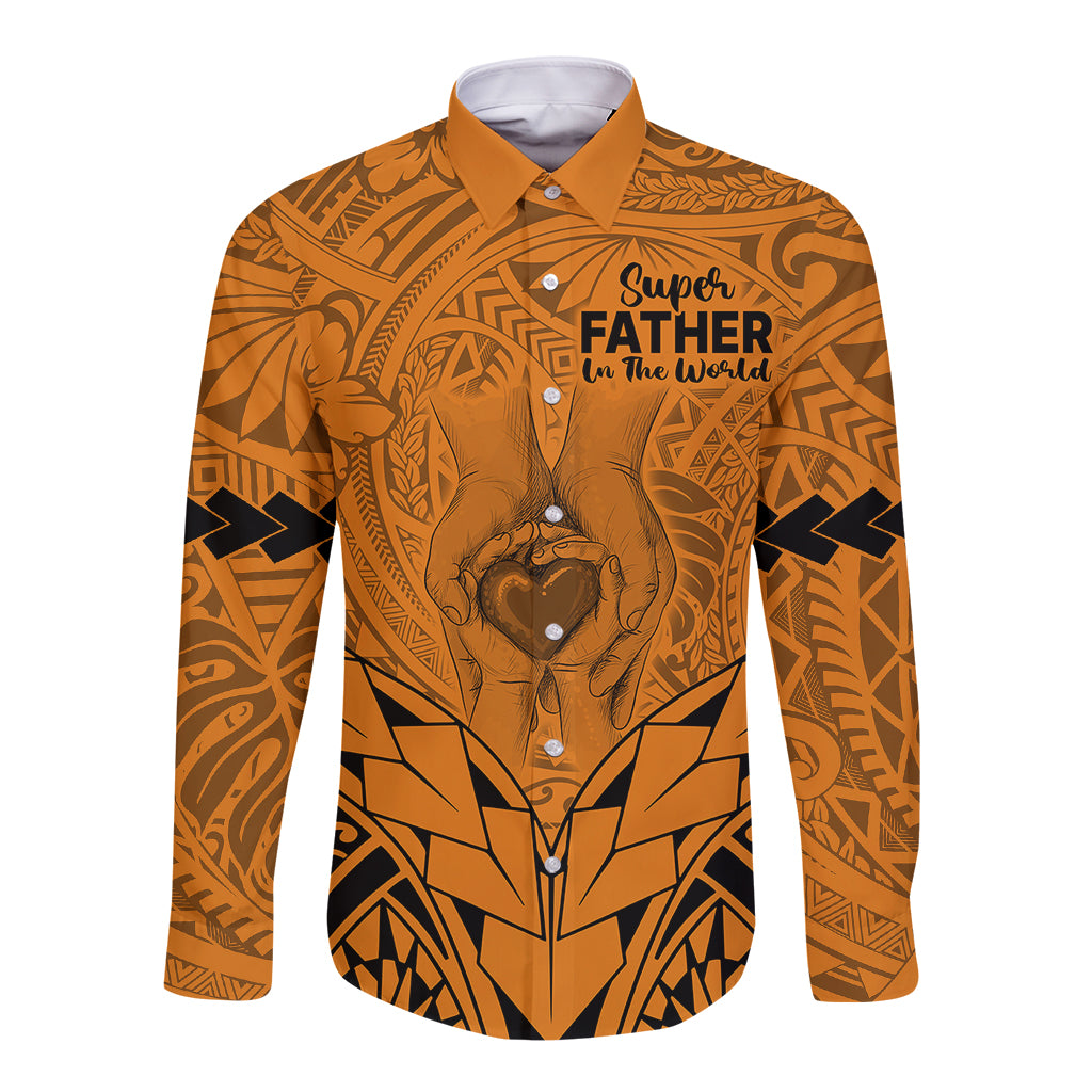 Personalised Polynesian Father's Day Gift For Dad Long Sleeve Button Shirt Super Father In The World - Gold Polynesian Pattern LT9 Unisex Gold - Polynesian Pride