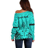 Personalised Polynesian Father's Day Gift For Dad Off Shoulder Sweater Super Father In The World - Turquoise Polynesian Pattern LT9 - Polynesian Pride