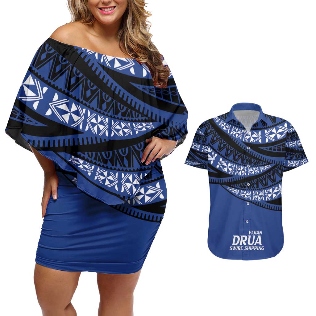 Fiji Rugby Pacific Custom Couples Matching Off Shoulder Short Dress and Hawaiian Shirt Pasifika Tapa Pattern