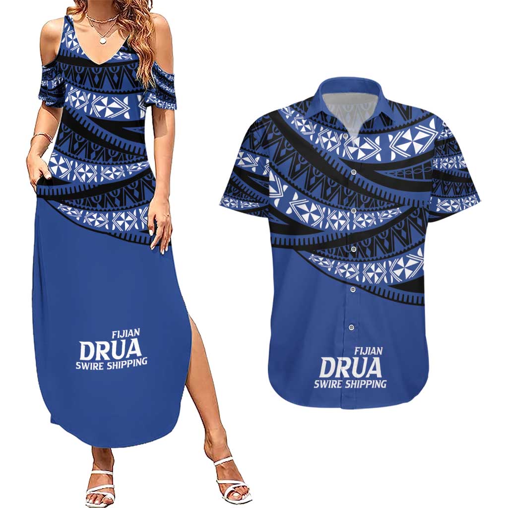 Fiji Rugby Pacific Custom Couples Matching Summer Maxi Dress and Hawaiian Shirt Pasifika Tapa Pattern LT9 Blue - Polynesian Pride