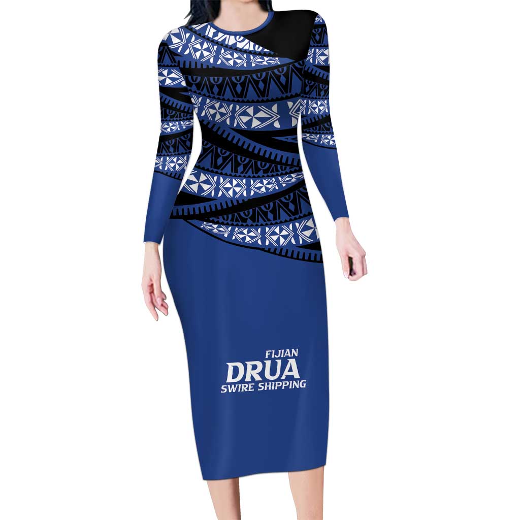 Fiji Rugby Pacific Custom Family Matching Long Sleeve Bodycon Dress and Hawaiian Shirt Pasifika Tapa Pattern LT9 Mom's Dress Blue - Polynesian Pride