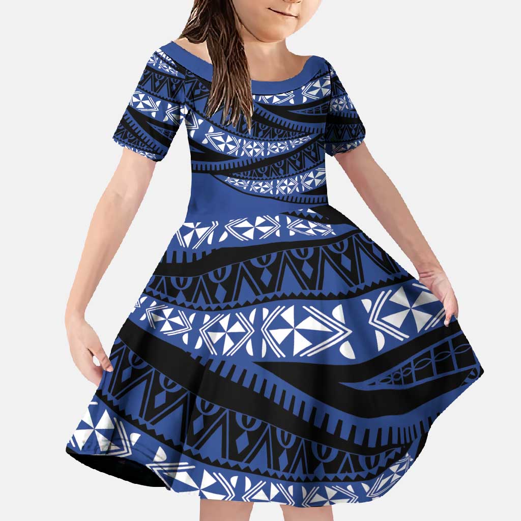 Fiji Rugby Pacific Custom Family Matching Mermaid Dress and Hawaiian Shirt Pasifika Tapa Pattern LT9 Daughter's Dress Blue - Polynesian Pride