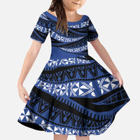 Fiji Rugby Pacific Custom Family Matching Short Sleeve Bodycon Dress and Hawaiian Shirt Pasifika Tapa Pattern LT9 Daughter's Dress Blue - Polynesian Pride