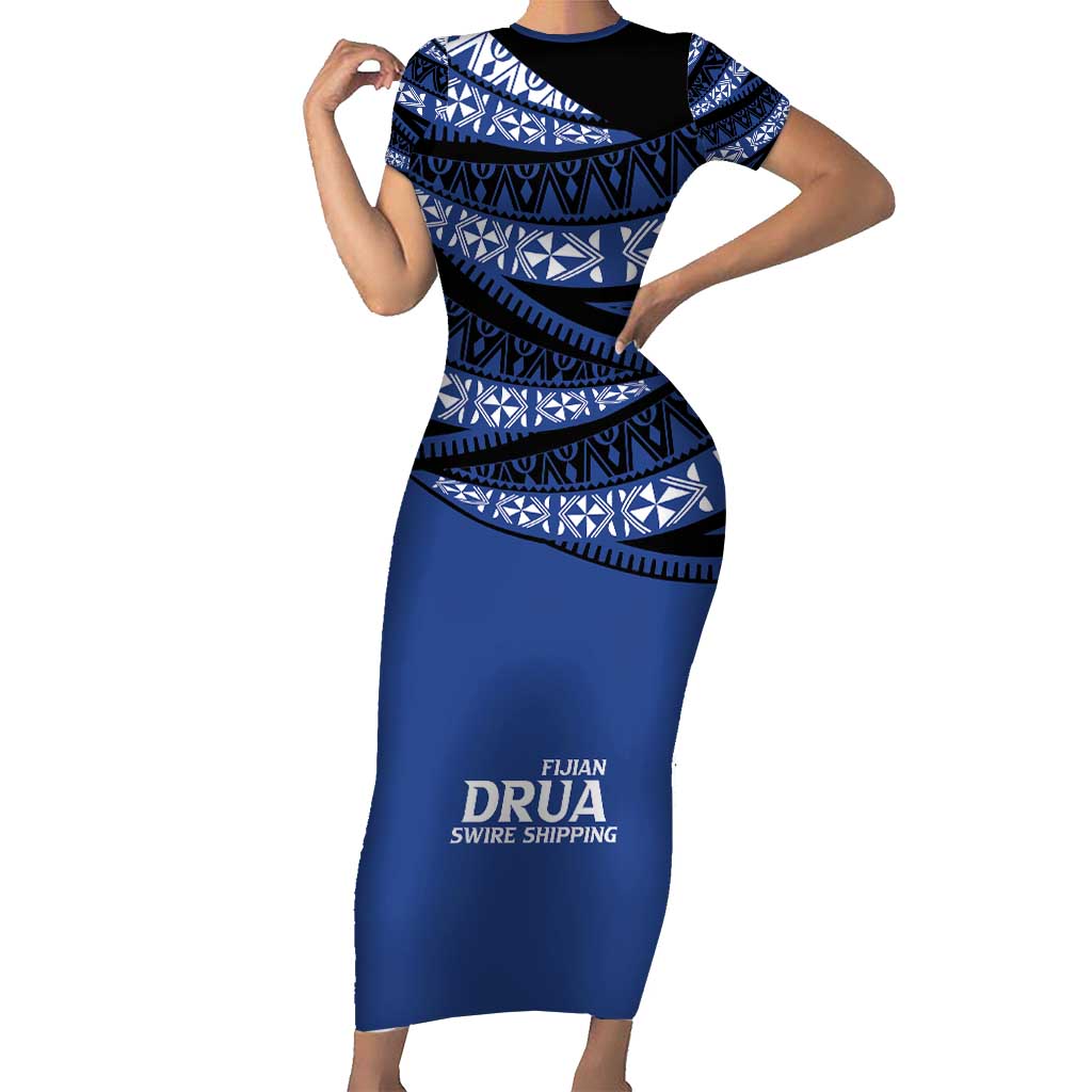Fiji Rugby Pacific Custom Family Matching Short Sleeve Bodycon Dress and Hawaiian Shirt Pasifika Tapa Pattern LT9 Mom's Dress Blue - Polynesian Pride