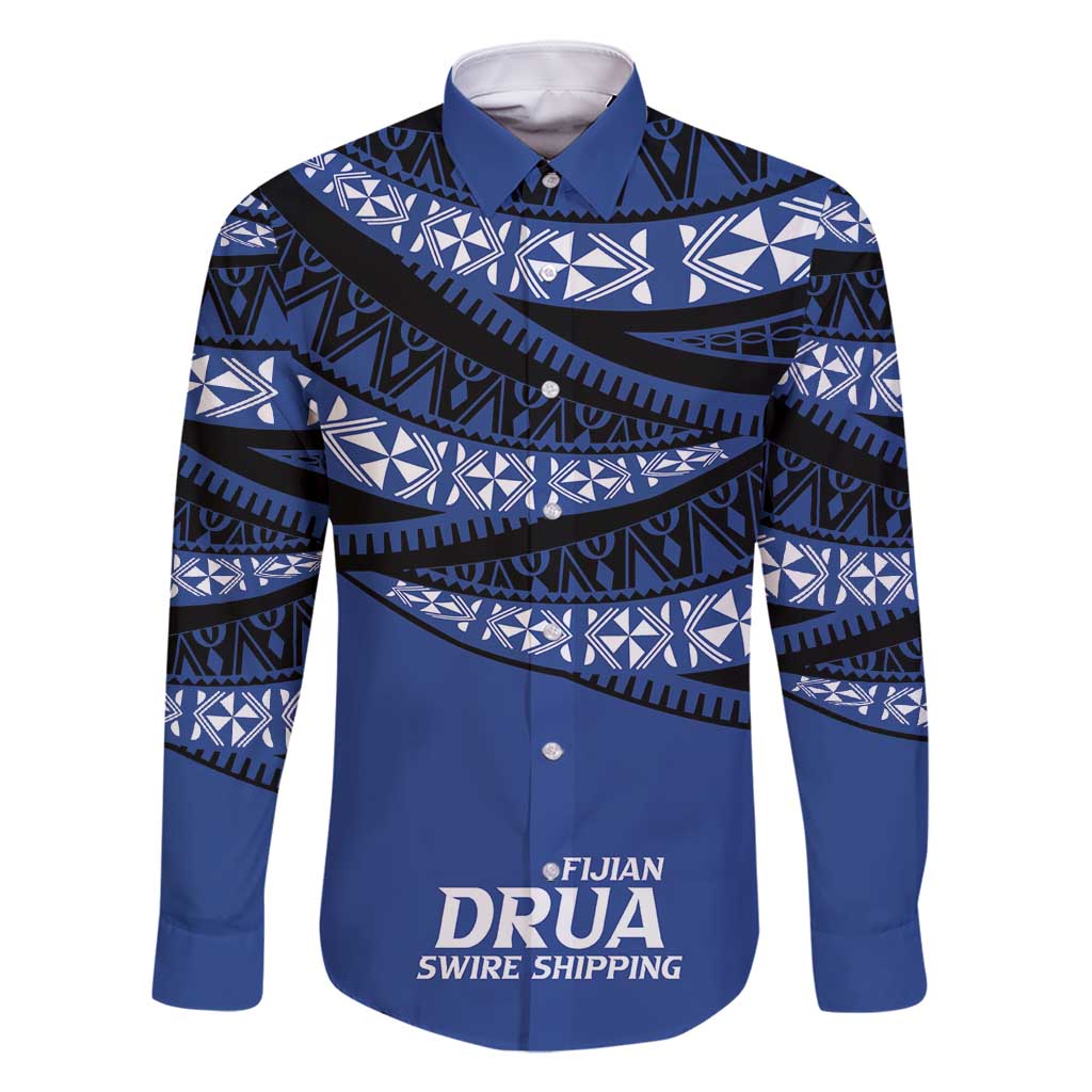 Fiji Rugby Pacific Custom Family Matching Tank Maxi Dress and Hawaiian Shirt Pasifika Tapa Pattern LT9 Dad's Shirt - Long Sleeve Blue - Polynesian Pride