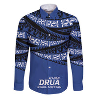 Fiji Rugby Pacific Custom Family Matching Tank Maxi Dress and Hawaiian Shirt Pasifika Tapa Pattern LT9 Dad's Shirt - Long Sleeve Blue - Polynesian Pride