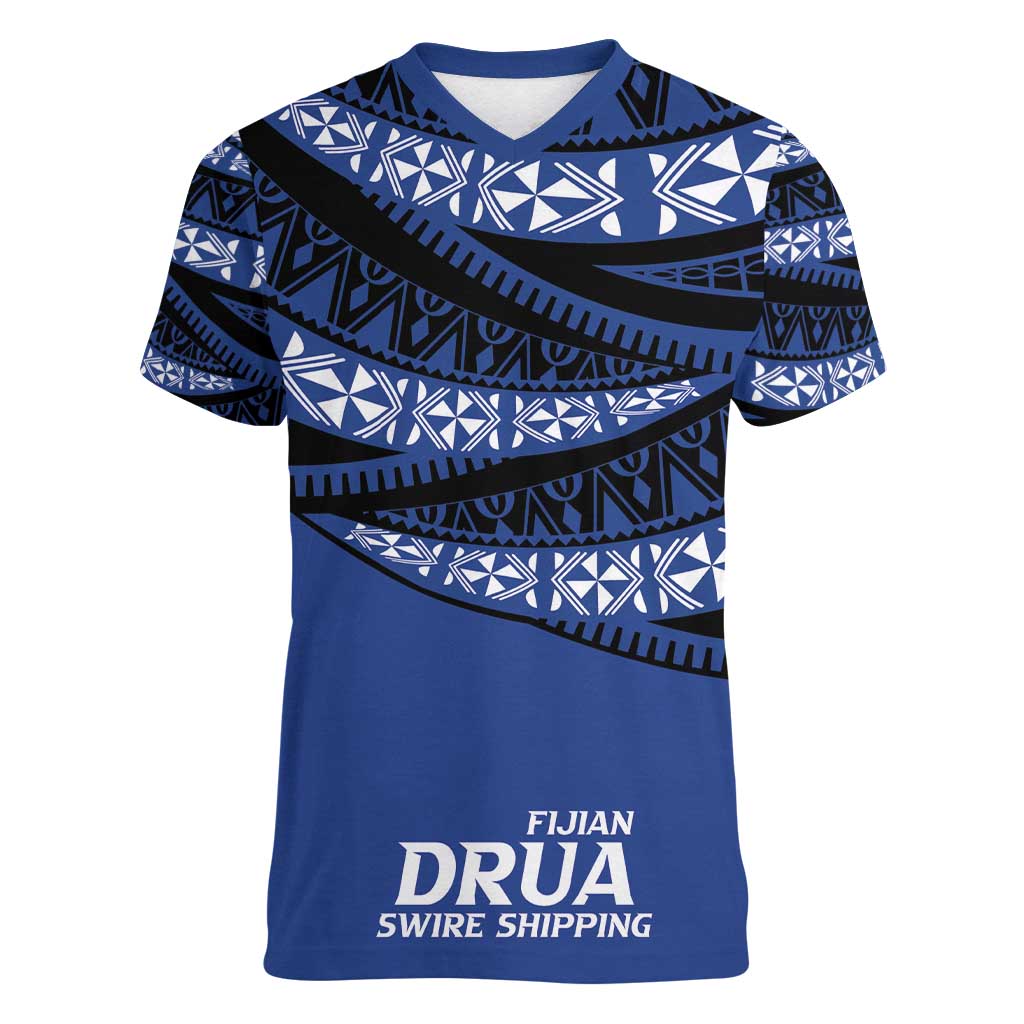 Fiji Rugby Pacific Custom Women V-Neck T-Shirt Pasifika Tapa Pattern LT9 Female Blue - Polynesian Pride