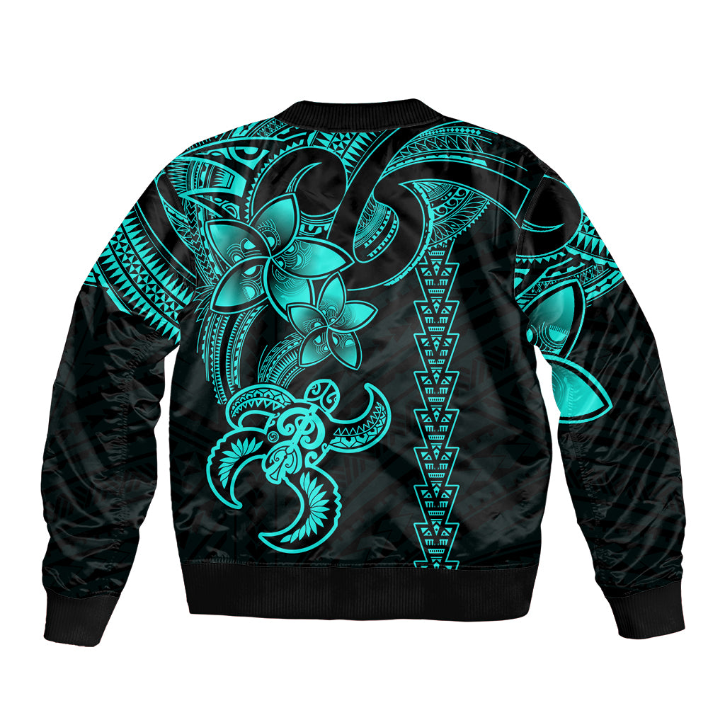Hawaiian Tribal Sleeve Zip Bomber Jacket Polynesian Kakau Turtle - Aqua LT9 - Polynesian Pride