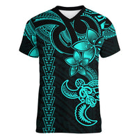 Hawaiian Tribal Women V Neck T Shirt Polynesian Kakau Turtle - Aqua LT9 Female Aqua - Polynesian Pride