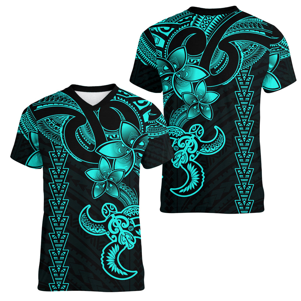 Hawaiian Tribal Women V Neck T Shirt Polynesian Kakau Turtle - Aqua LT9 - Polynesian Pride