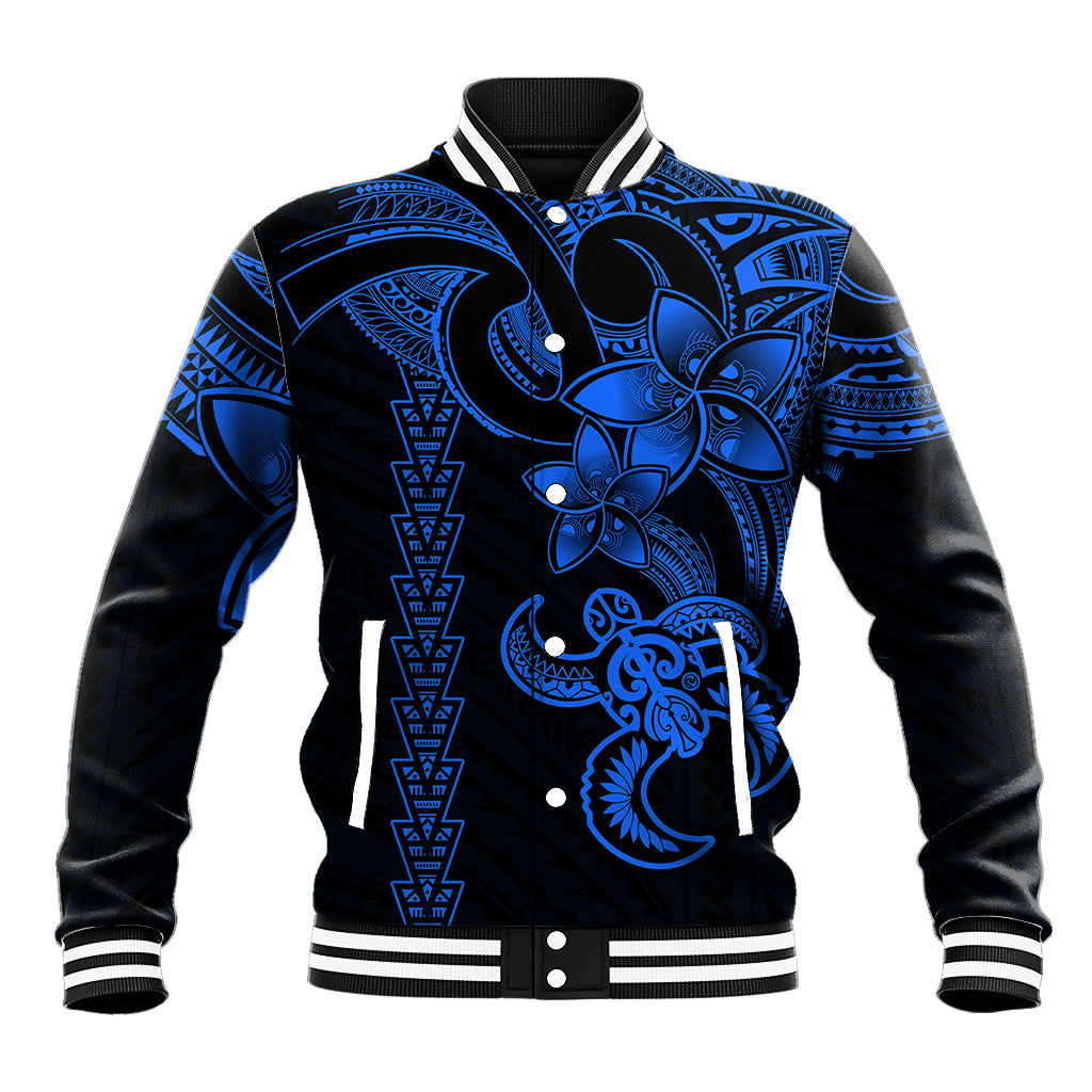 Hawaiian Tribal Baseball Jacket Polynesian Kakau Turtle - Blue LT9 Unisex Blue - Polynesian Pride