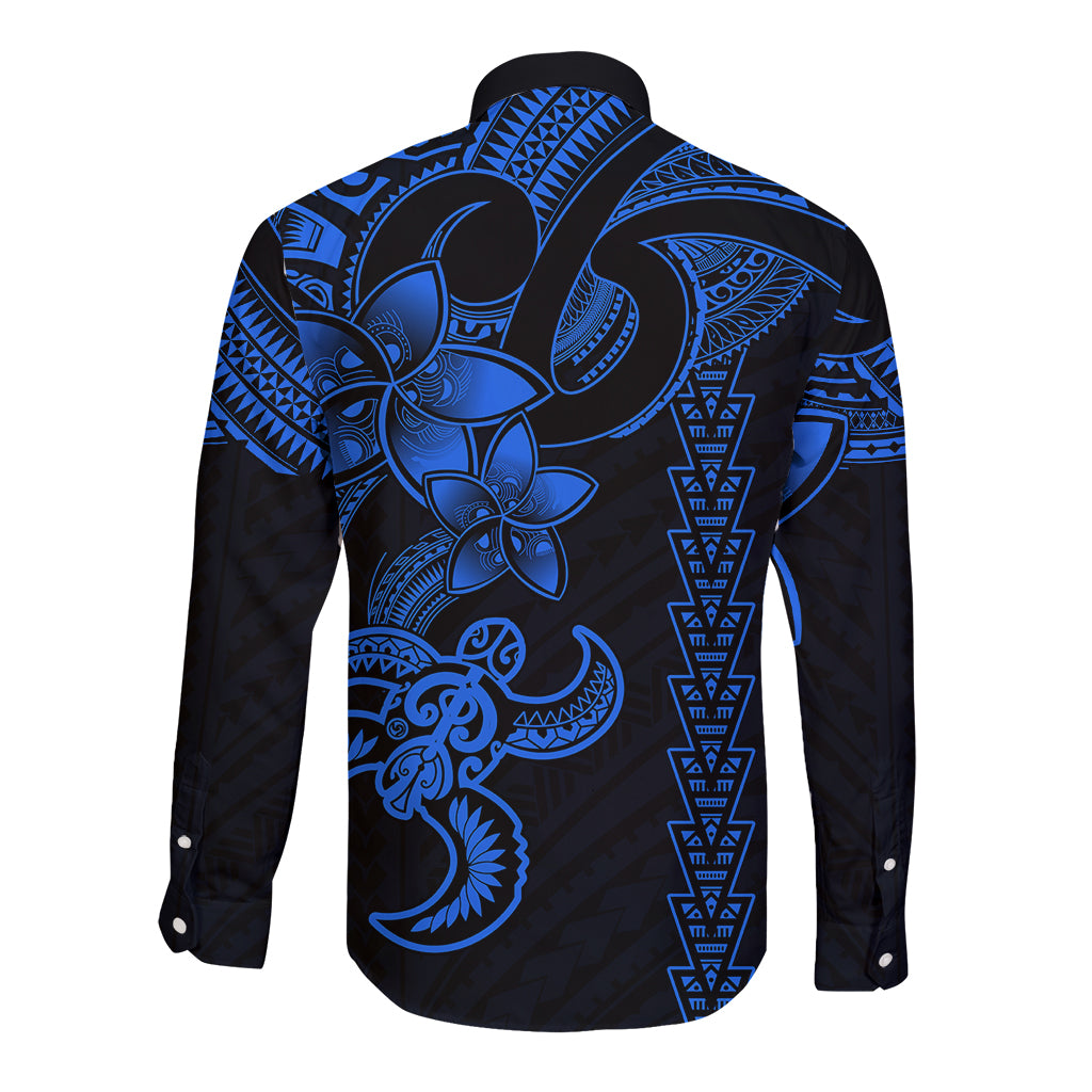 Hawaiian Tribal Long Sleeve Button Shirt Polynesian Kakau Turtle - Blue LT9 - Polynesian Pride