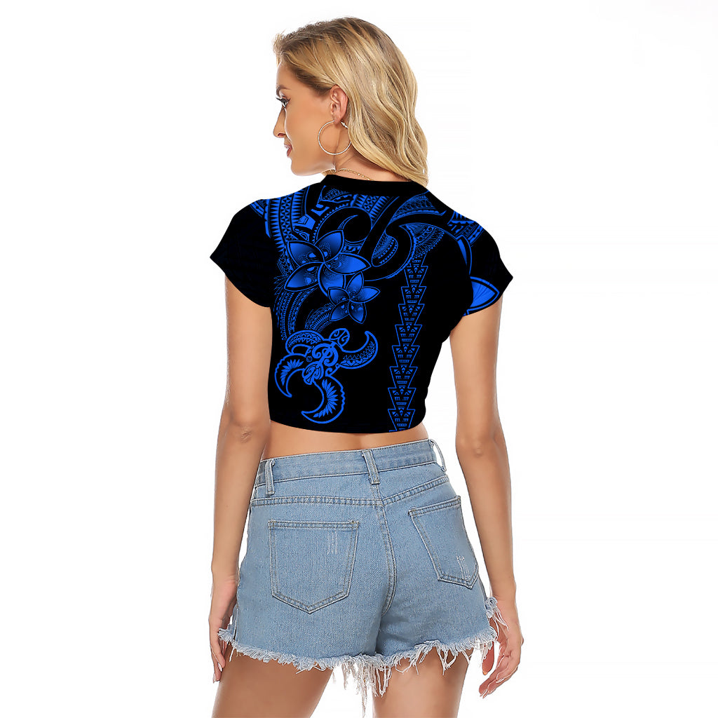 Hawaiian Tribal Raglan Cropped T Shirt Polynesian Kakau Turtle - Blue LT9 - Polynesian Pride