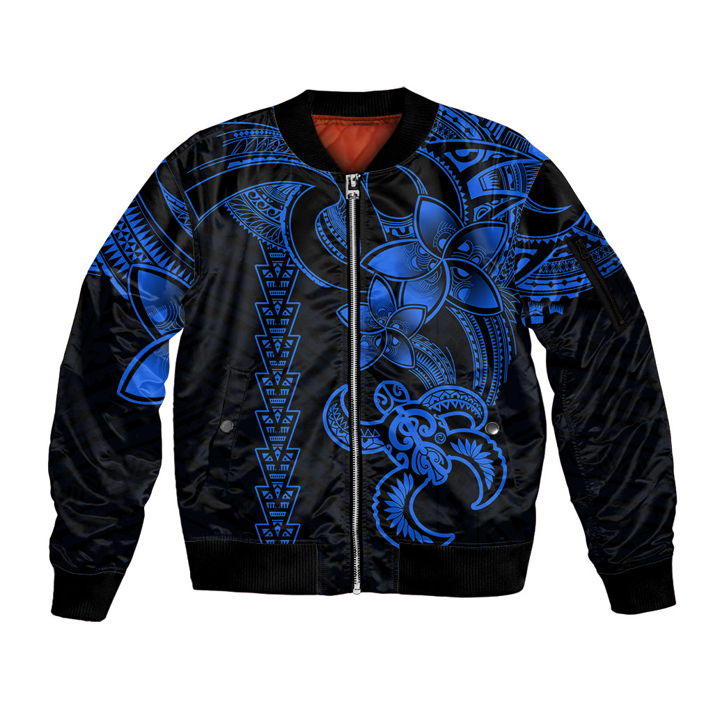 Hawaiian Tribal Sleeve Zip Bomber Jacket Polynesian Kakau Turtle - Blue LT9 Unisex Blue - Polynesian Pride