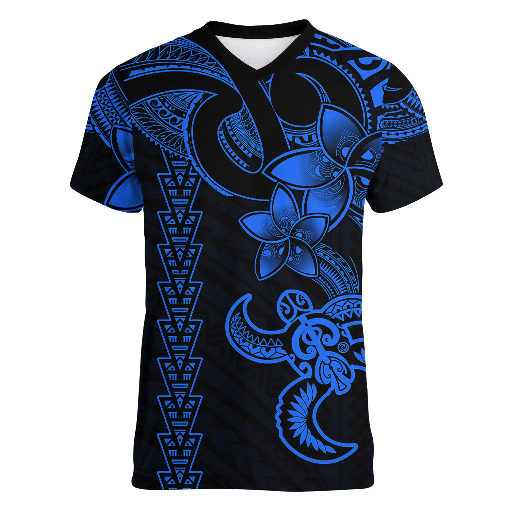 Hawaiian Tribal Women V Neck T Shirt Polynesian Kakau Turtle - Blue LT9 Female Blue - Polynesian Pride