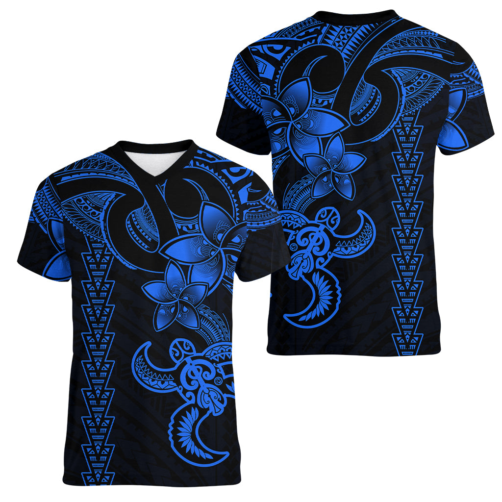 Hawaiian Tribal Women V Neck T Shirt Polynesian Kakau Turtle - Blue LT9 - Polynesian Pride