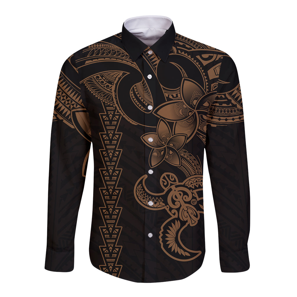 Hawaiian Tribal Long Sleeve Button Shirt Polynesian Kakau Turtle - Gold LT9 Unisex Gold - Polynesian Pride