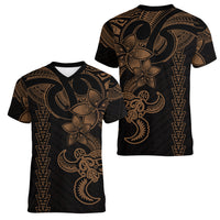 Hawaiian Tribal Women V Neck T Shirt Polynesian Kakau Turtle - Gold LT9 - Polynesian Pride