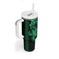 Green Hawaiian Kakau Turtle Tumbler With Handle Polynesian Tribal