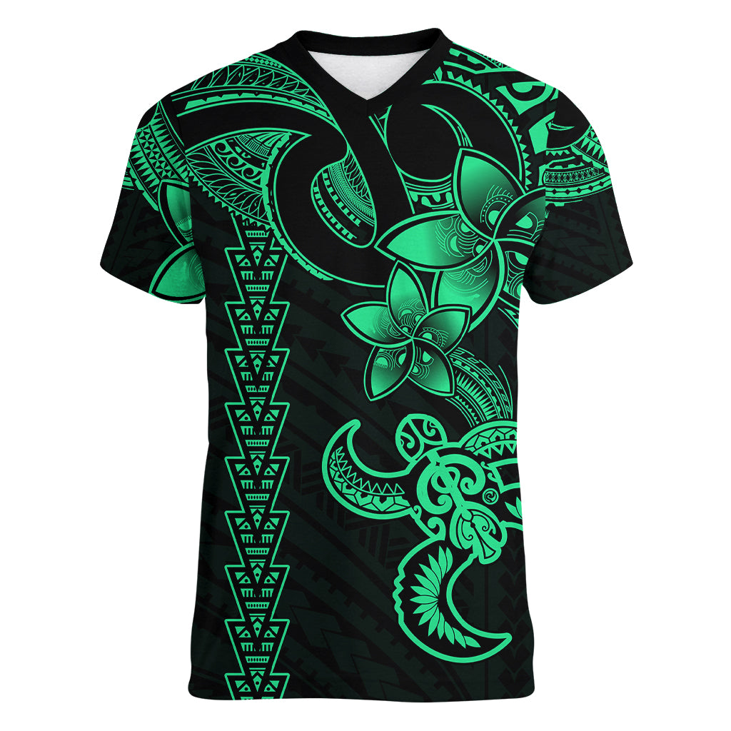 Hawaiian Tribal Women V Neck T Shirt Polynesian Kakau Turtle - Green LT9 Female Green - Polynesian Pride