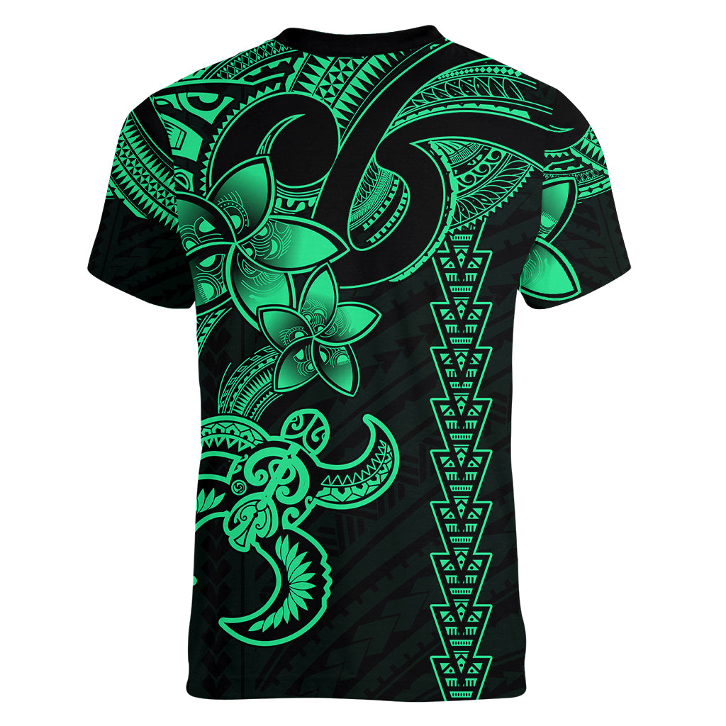 Hawaiian Tribal Women V Neck T Shirt Polynesian Kakau Turtle - Green LT9 - Polynesian Pride