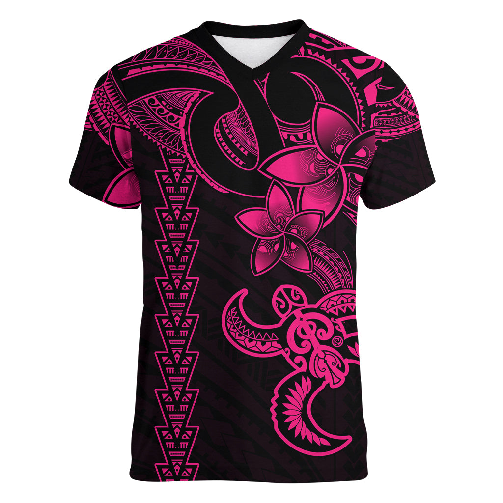 Hawaiian Tribal Women V Neck T Shirt Polynesian Kakau Turtle - Pink LT9 Female Pink - Polynesian Pride