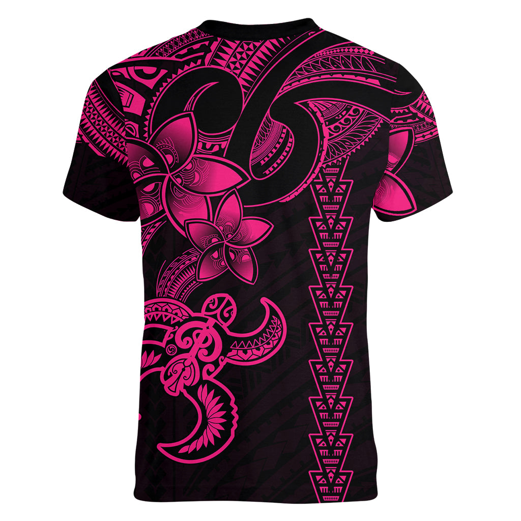 Hawaiian Tribal Women V Neck T Shirt Polynesian Kakau Turtle - Pink LT9 - Polynesian Pride