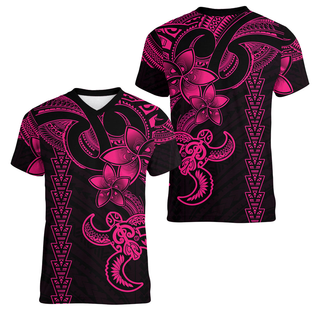 Hawaiian Tribal Women V Neck T Shirt Polynesian Kakau Turtle - Pink LT9 - Polynesian Pride