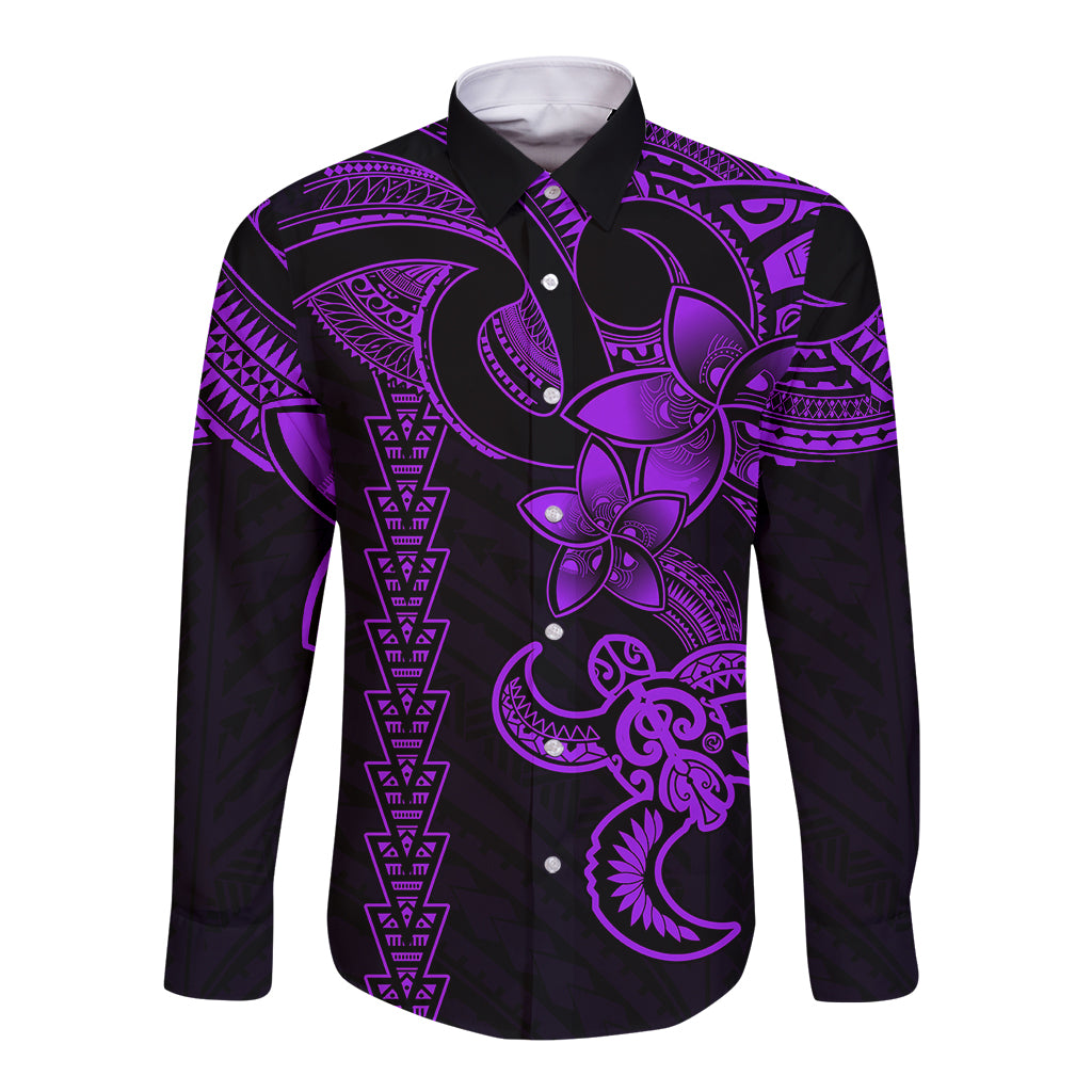 Hawaiian Tribal Long Sleeve Button Shirt Polynesian Kakau Turtle - Purple LT9 Unisex Purple - Polynesian Pride