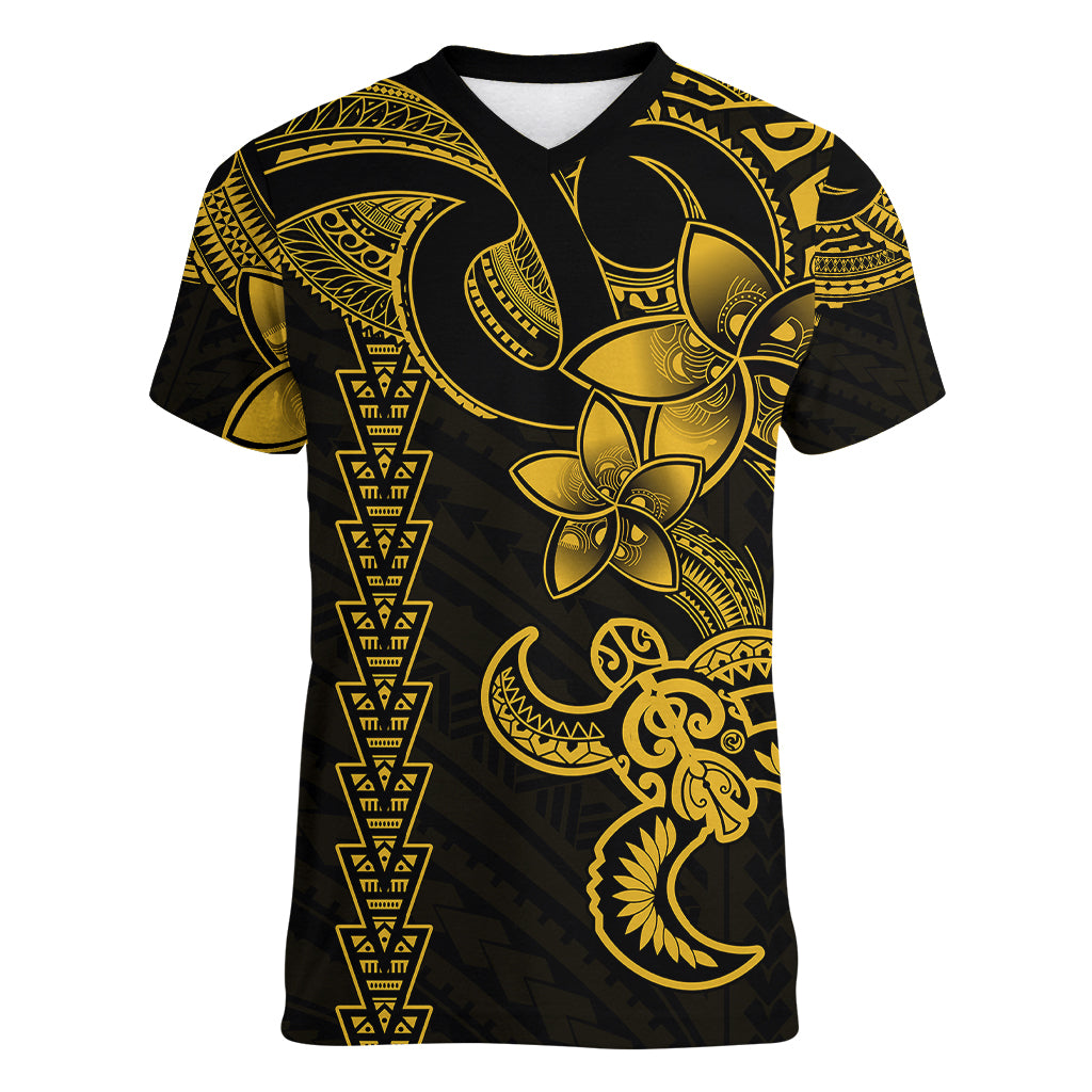 Hawaiian Tribal Women V Neck T Shirt Polynesian Kakau Turtle - Yellow LT9 Female Yellow - Polynesian Pride