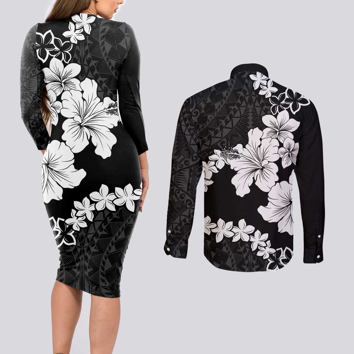 American Samoa Lotu Tamaiti Couples Matching Long Sleeve Bodycon Dress and Long Sleeve Button Shirt White Sunday Plumeria Black Vibe