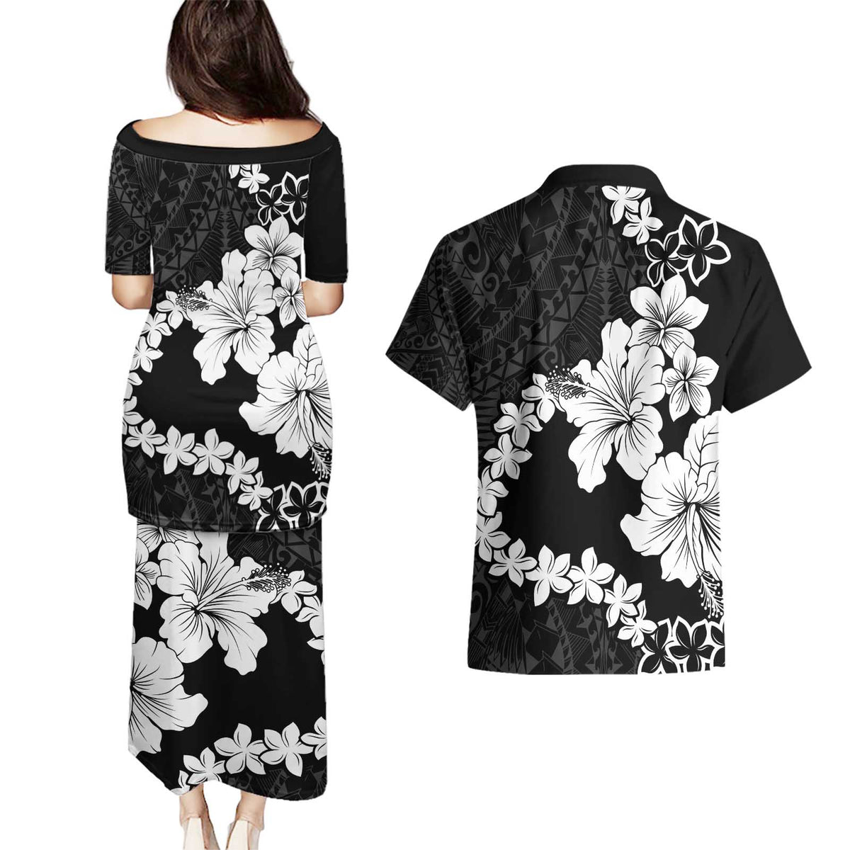 American Samoa Lotu Tamaiti Couples Matching Puletasi and Hawaiian Shirt White Sunday Plumeria Black Vibe