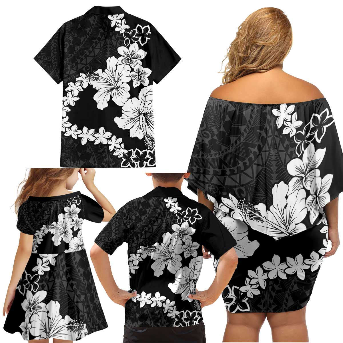 American Samoa Lotu Tamaiti Family Matching Off Shoulder Short Dress and Hawaiian Shirt White Sunday Plumeria Black Vibe