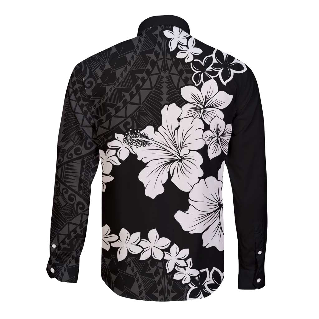 American Samoa Lotu Tamaiti Long Sleeve Button Shirt White Sunday Plumeria Black Vibe