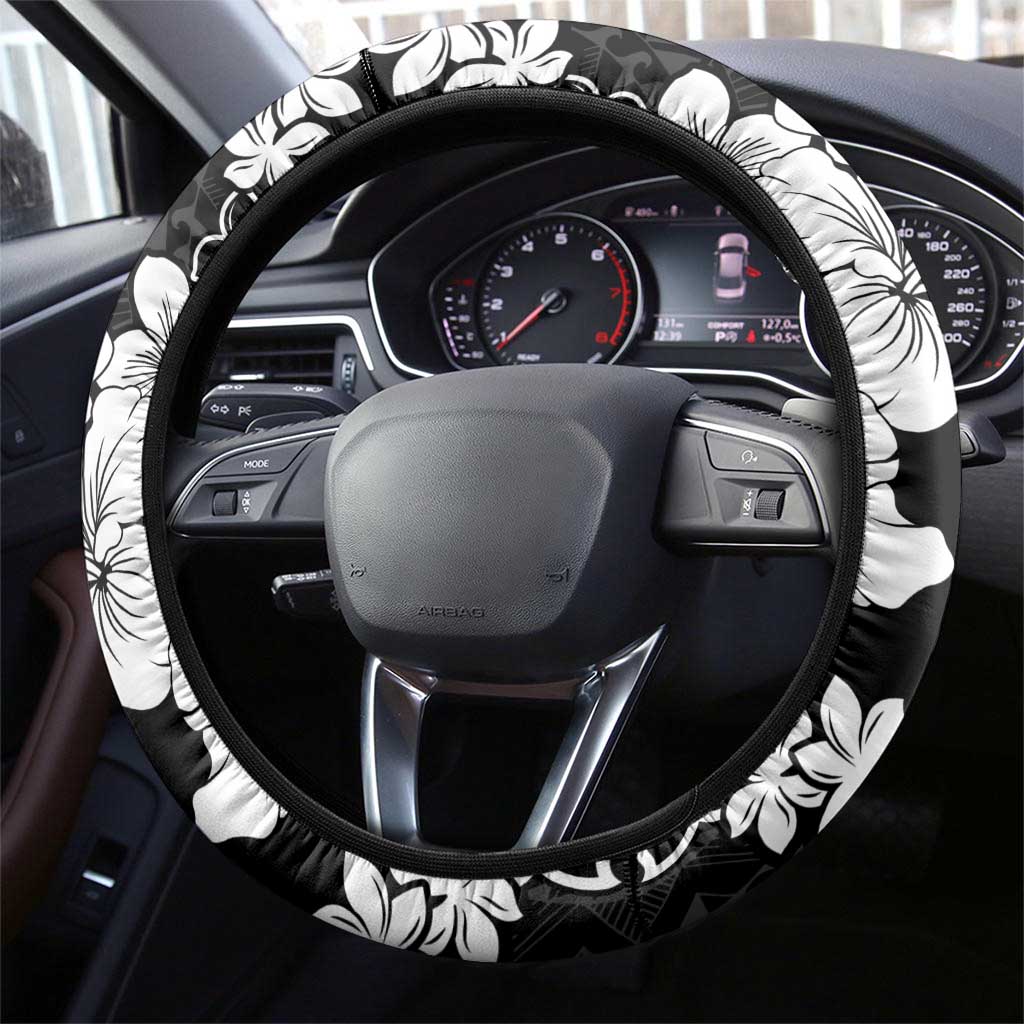 American Samoa Lotu Tamaiti Steering Wheel Cover White Sunday Plumeria Black Vibe