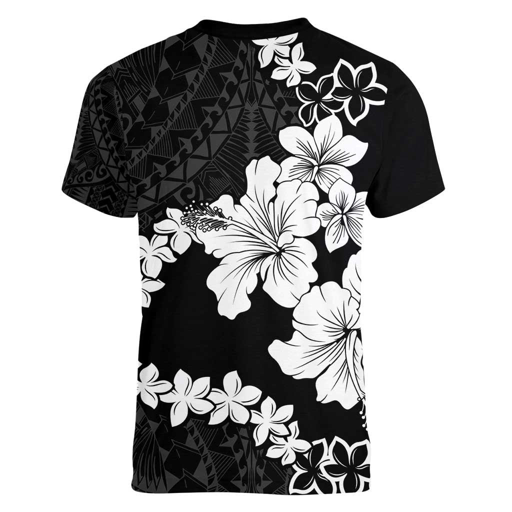 American Samoa Lotu Tamaiti Women V-Neck T-Shirt White Sunday Plumeria Black Vibe