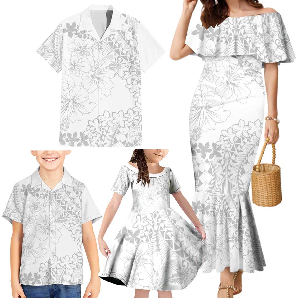 American Samoa Lotu Tamaiti Family Matching Mermaid Dress and Hawaiian Shirt White Sunday Plumeria White Vibe