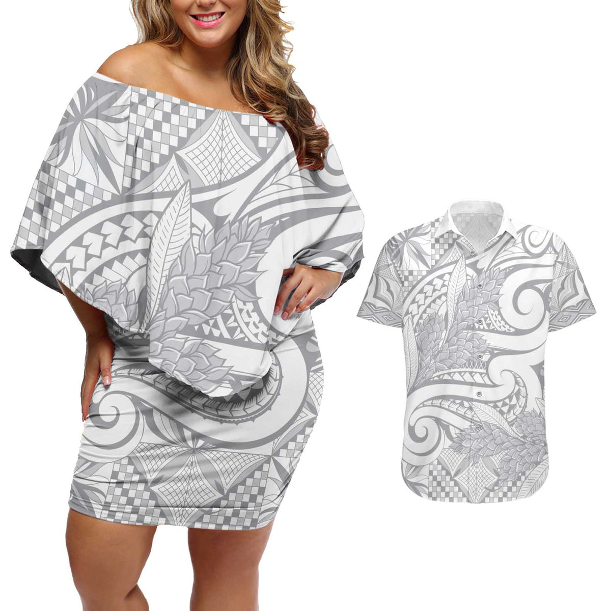 Lotu Tamaiti Samoa Siapo Couples Matching Off Shoulder Short Dress and Hawaiian Shirt White Sunday With Teuila Torch Ginger
