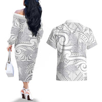 Lotu Tamaiti Samoa Siapo Couples Matching Off The Shoulder Long Sleeve Dress and Hawaiian Shirt White Sunday With Teuila Torch Ginger