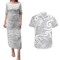 Lotu Tamaiti Samoa Siapo Couples Matching Puletasi and Hawaiian Shirt White Sunday With Teuila Torch Ginger