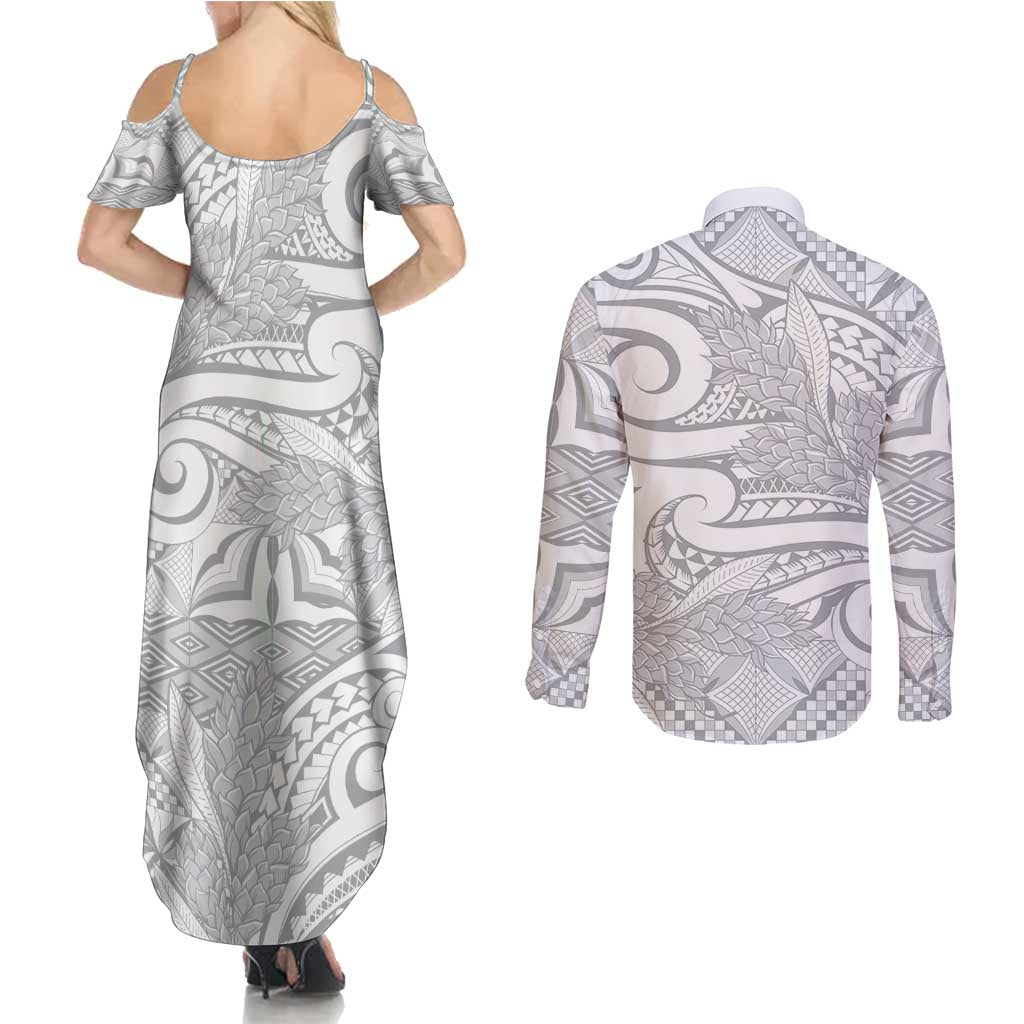 Lotu Tamaiti Samoa Siapo Couples Matching Summer Maxi Dress and Long Sleeve Button Shirt White Sunday With Teuila Torch Ginger