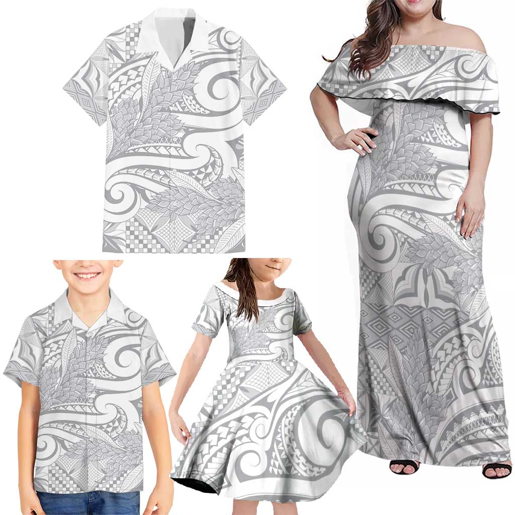 Lotu Tamaiti Samoa Siapo Family Matching Off Shoulder Maxi Dress and Hawaiian Shirt White Sunday With Teuila Torch Ginger