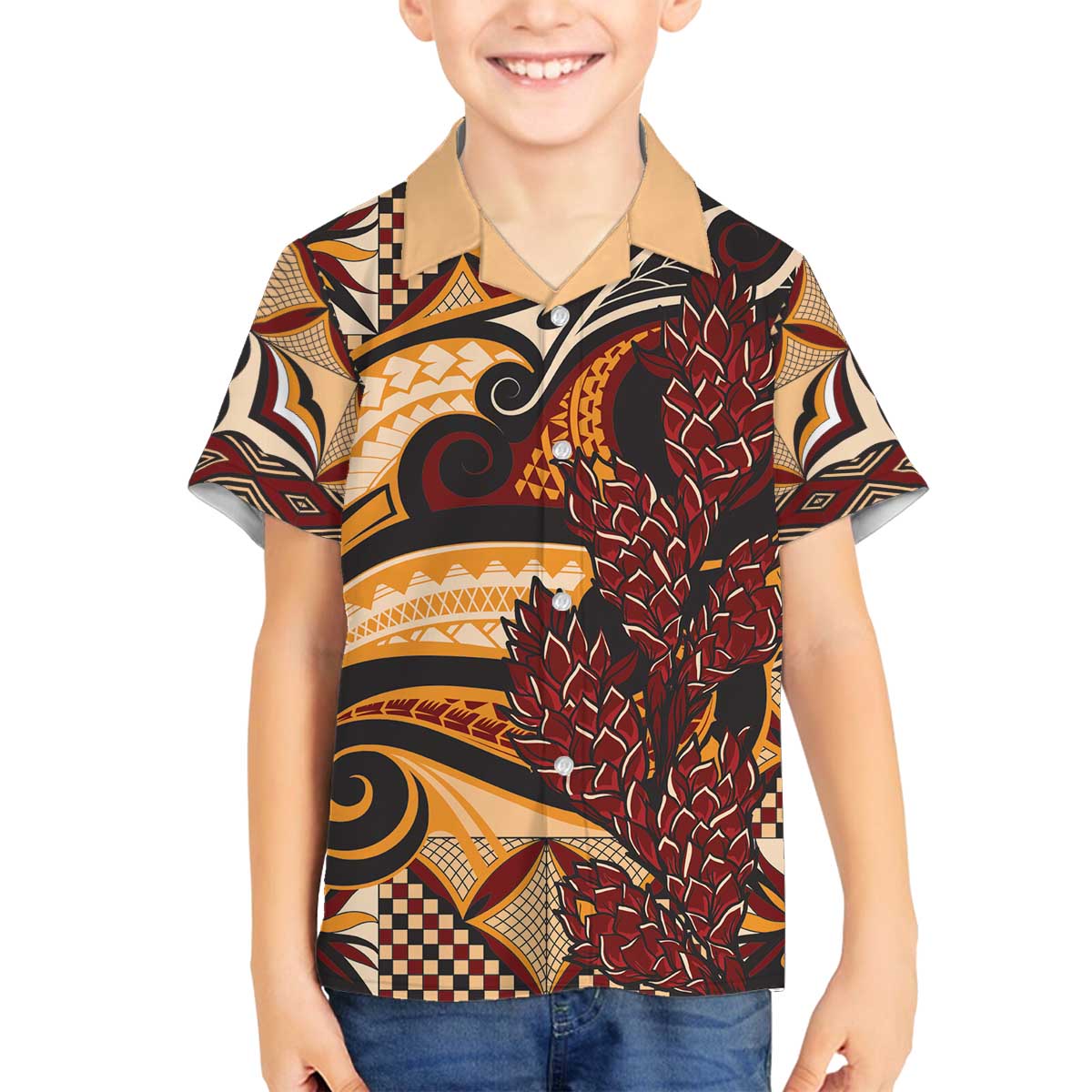 Vintage Samoa Siapo Family Matching Off The Shoulder Long Sleeve Dress and Hawaiian Shirt With Teuila Torch Ginger