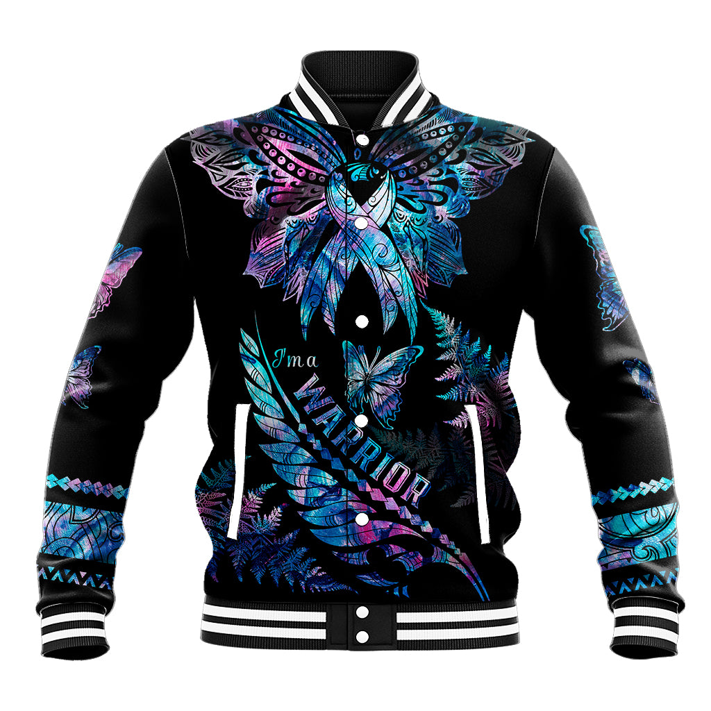 Polynesia Ribbon Butterflies Baseball Jacket Silver Fern Breast Cancer With Papua Shell Pattern LT9 Unisex Black - Polynesian Pride