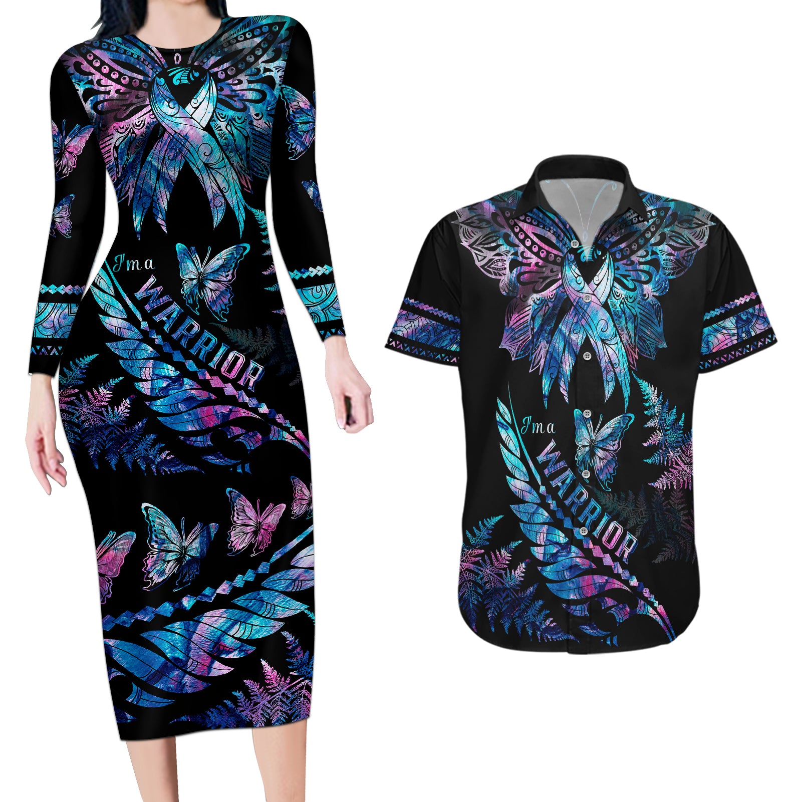 polynesia-ribbon-butterflies-couples-matching-long-sleeve-bodycon-dress-and-hawaiian-shirt-silver-fern-breast-cancer-with-papua-shell-pattern