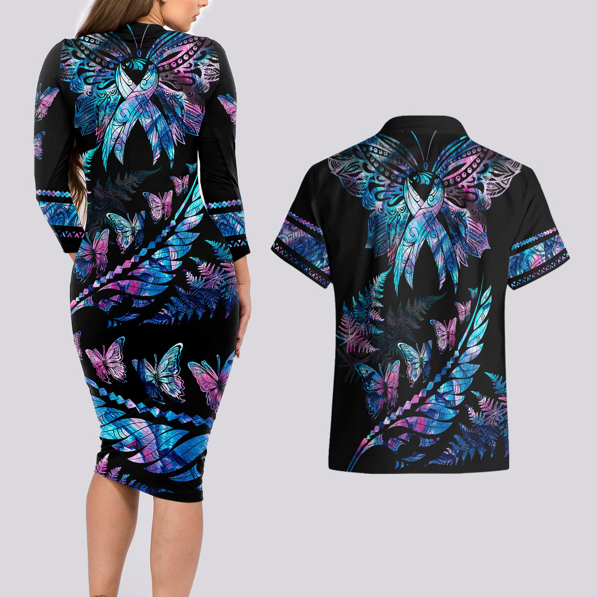 Polynesia Ribbon Butterflies Couples Matching Long Sleeve Bodycon Dress and Hawaiian Shirt Silver Fern Breast Cancer With Papua Shell Pattern LT9 - Polynesian Pride