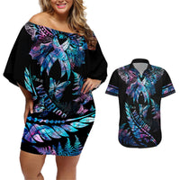 Polynesia Ribbon Butterflies Couples Matching Off Shoulder Short Dress and Hawaiian Shirt Silver Fern Breast Cancer With Papua Shell Pattern LT9 Black - Polynesian Pride