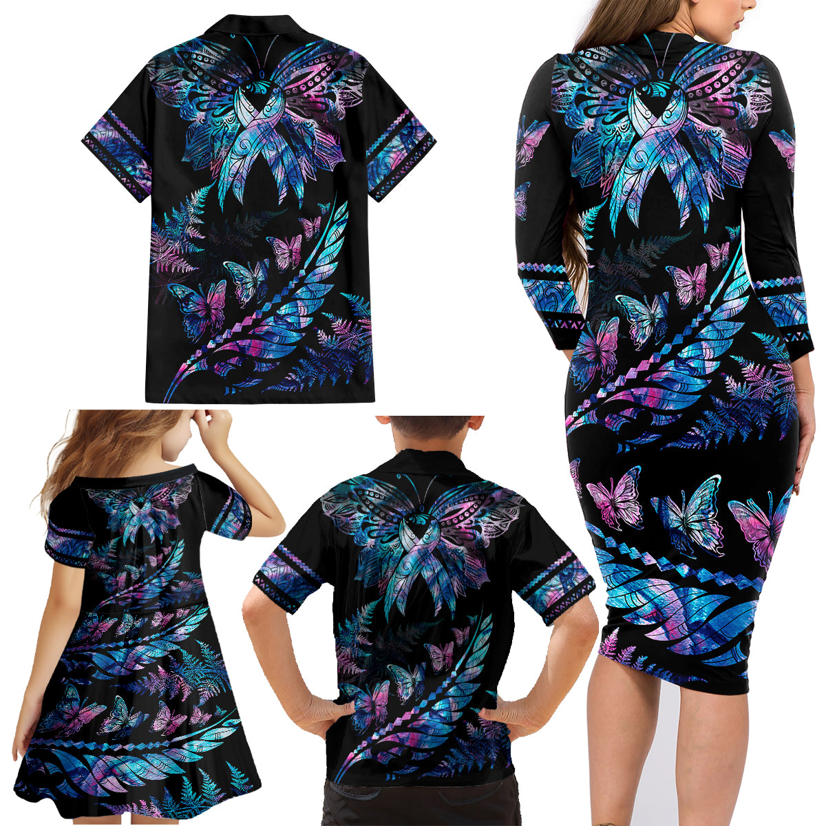 polynesia-ribbon-butterflies-family-matching-long-sleeve-bodycon-dress-and-hawaiian-shirt-silver-fern-breast-cancer-with-papua-shell-pattern