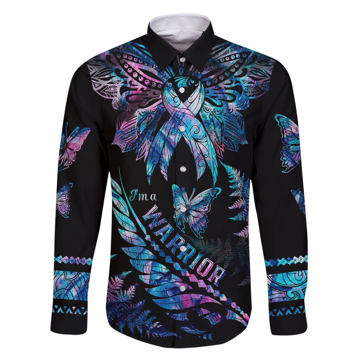 Polynesia Ribbon Butterflies Family Matching Puletasi Dress and Hawaiian Shirt Silver Fern Breast Cancer With Papua Shell Pattern LT9 Dad's Shirt - Long Sleeve Black - Polynesian Pride